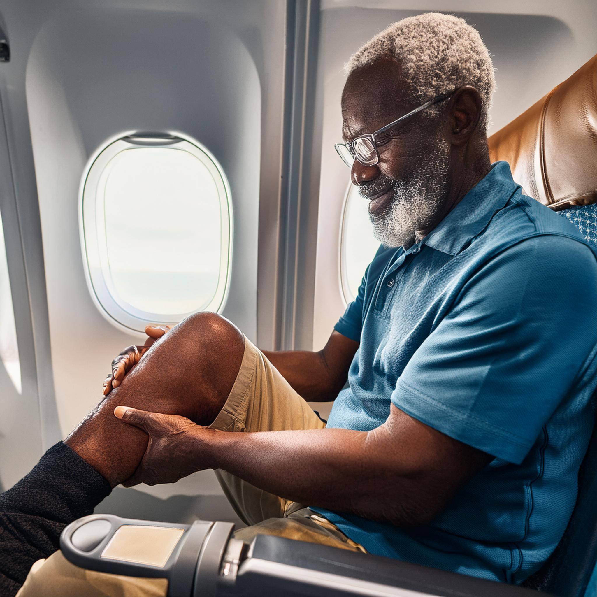 An older man sitting in a plane seat next to a window tending to a swollen leg from DVT.