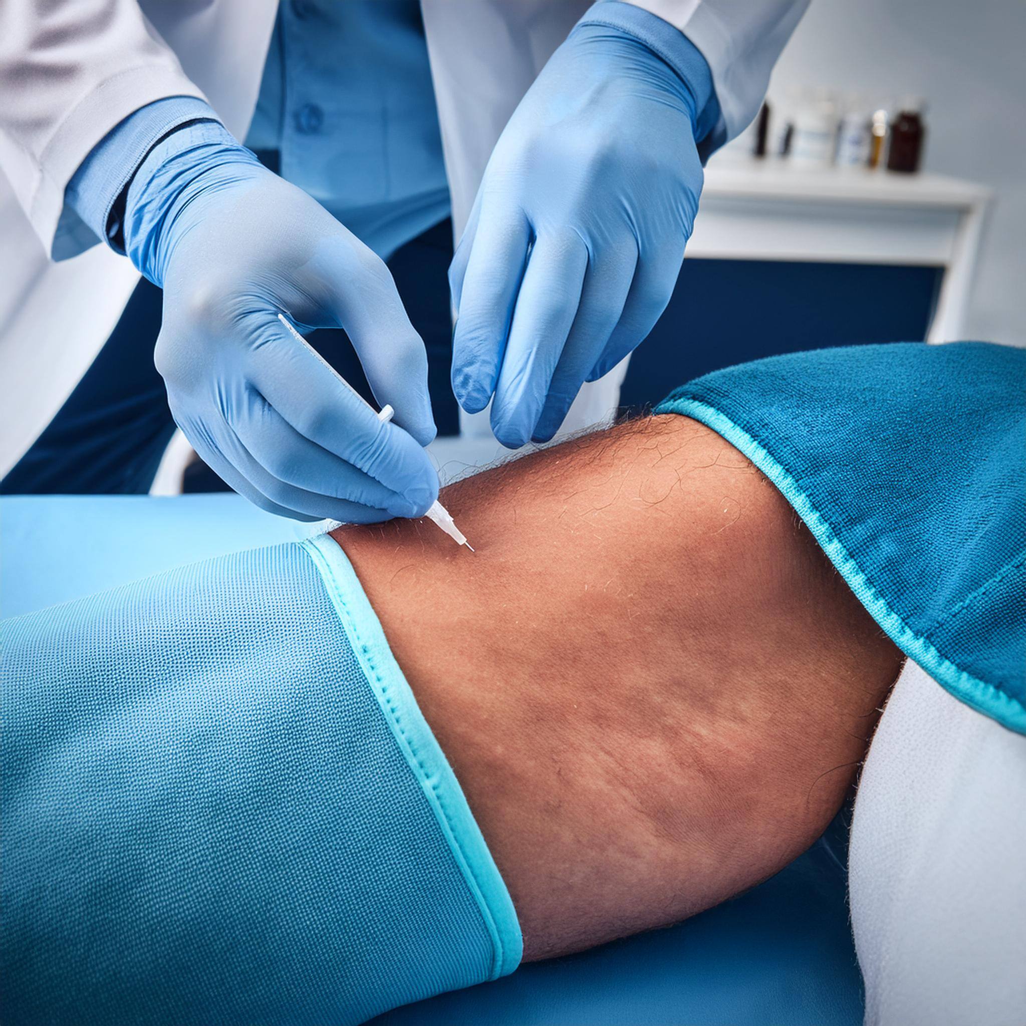 Doctor treating a patient's leg with varicose veins with an injection 